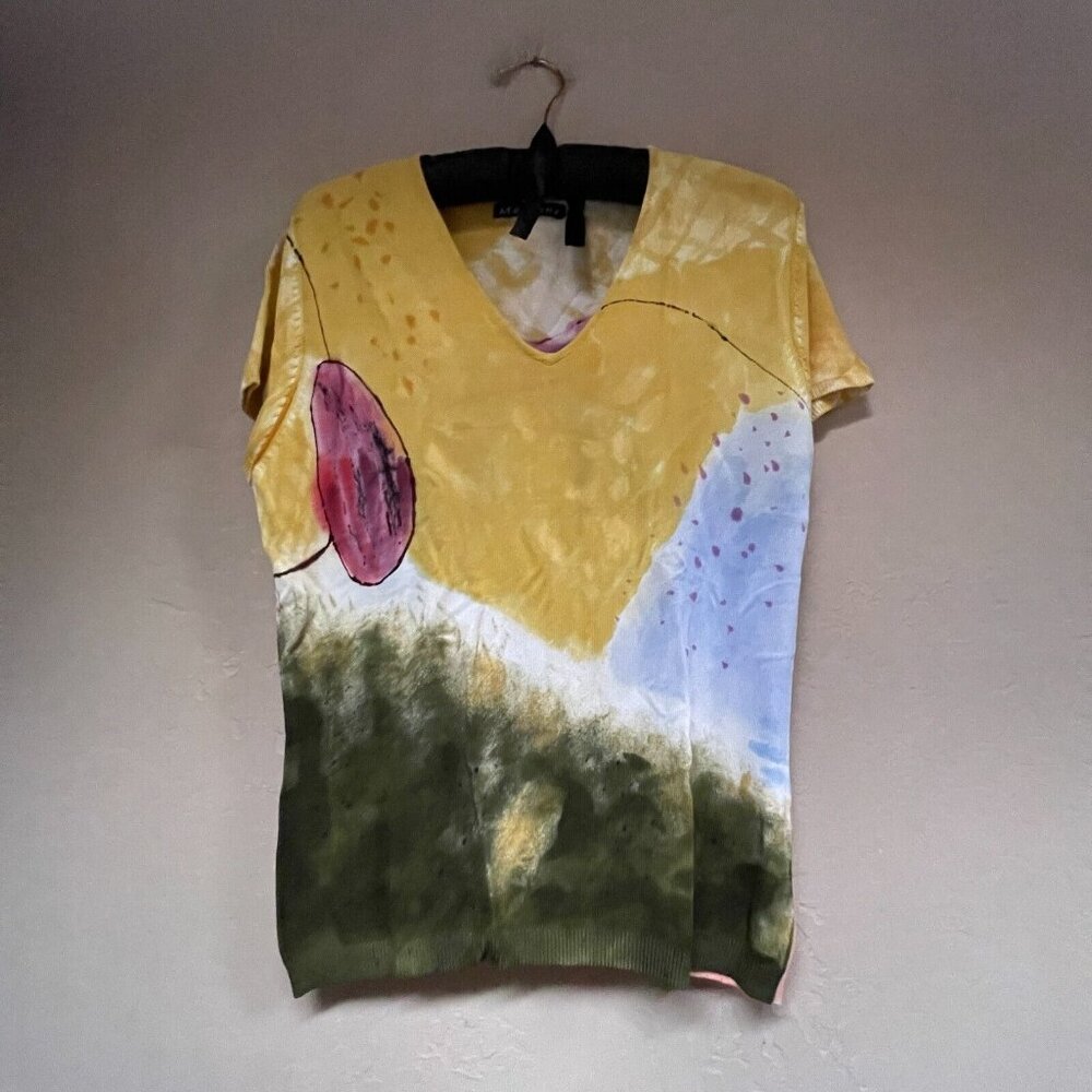 Mechant Women's Abstract Print V-Neck Cap Sleeve Knit Top Multicolor Ribbed Trim